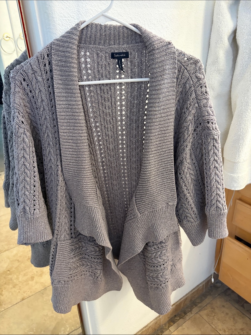 Splendid Taupe Open-Front Cable Knit Cardigan